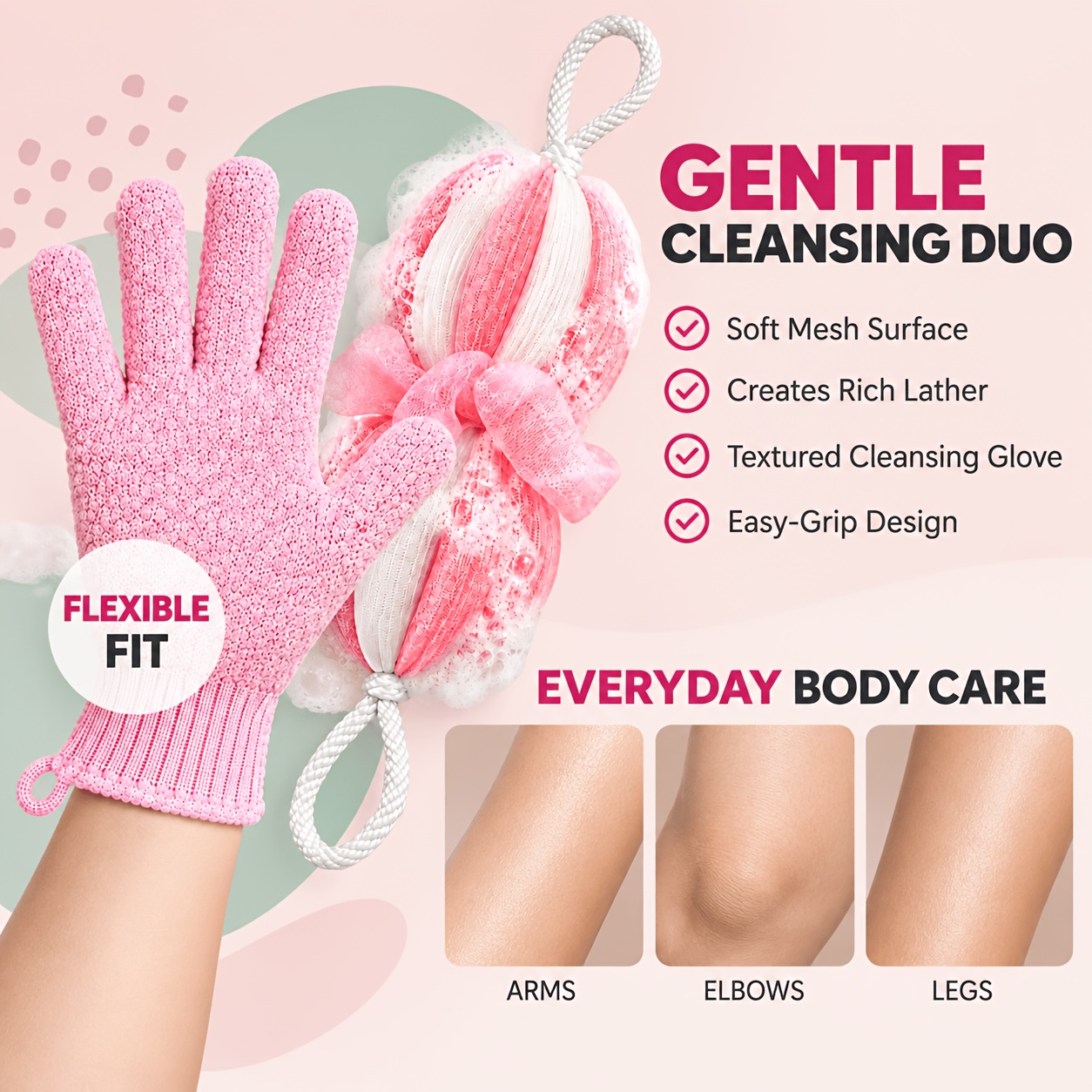 2pcs Bath Set: Exfoliating Glove and Loofah Combination