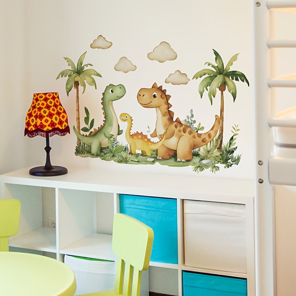large wall art tropical cartoon dinosaur coconut tree wall decals removable prehistoric jungle peel and stick wall stickers for bedroom living room playroom decor 29 90  11 4 35 4inch 2