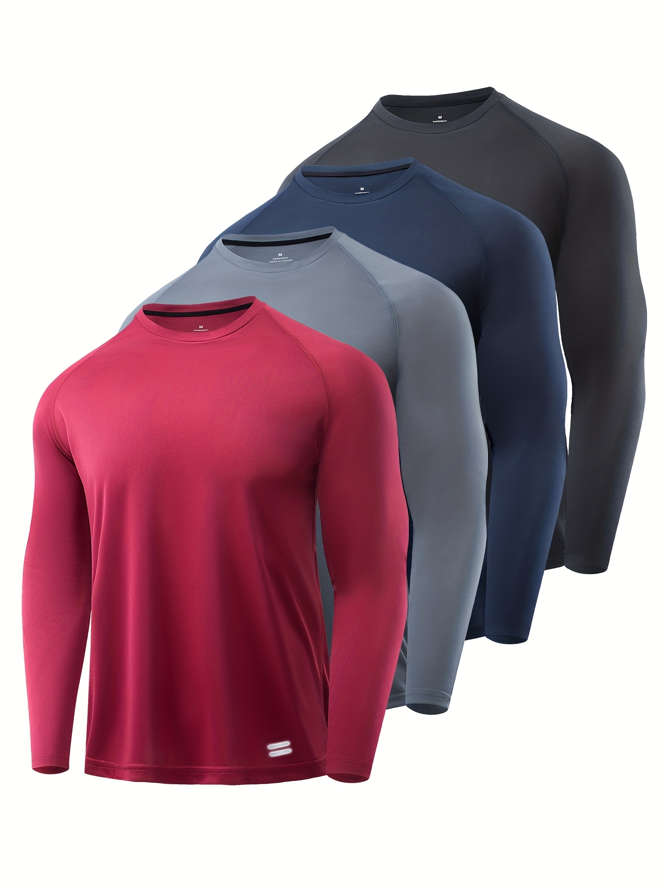 4pcs mens long sleeve moisture wicking athletic shirts breathable quick dry polyester regular fit round neck for gym running cycling basketball outdoor sports multi color pack black grey red dark blue workout shirts cycling apparel performance wear durable construction performance tee gym  