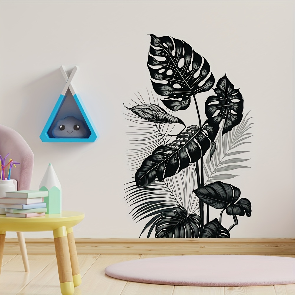 Image of Black And White Tropical Leaf Wall Decal, Self-adhesive Pvc, Monstera And Palm Room, Bedroom, Or Fridge Decor, Cute Room Decor