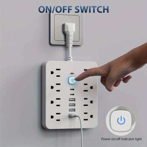 14 in 1 power strip with protection touch control 8 ac power outlets and 6 usb ports including 2 type c ports in a wall mounted extension cord design ideal for office den