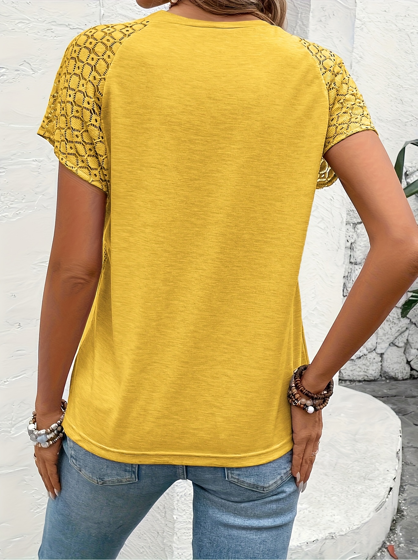 womens elegant solid color lace sleeve t shirt summer   blouse with breathable fabric machine washable versatile for casual formal outfits cropped tee style soft   ladies t shirts Product details 6