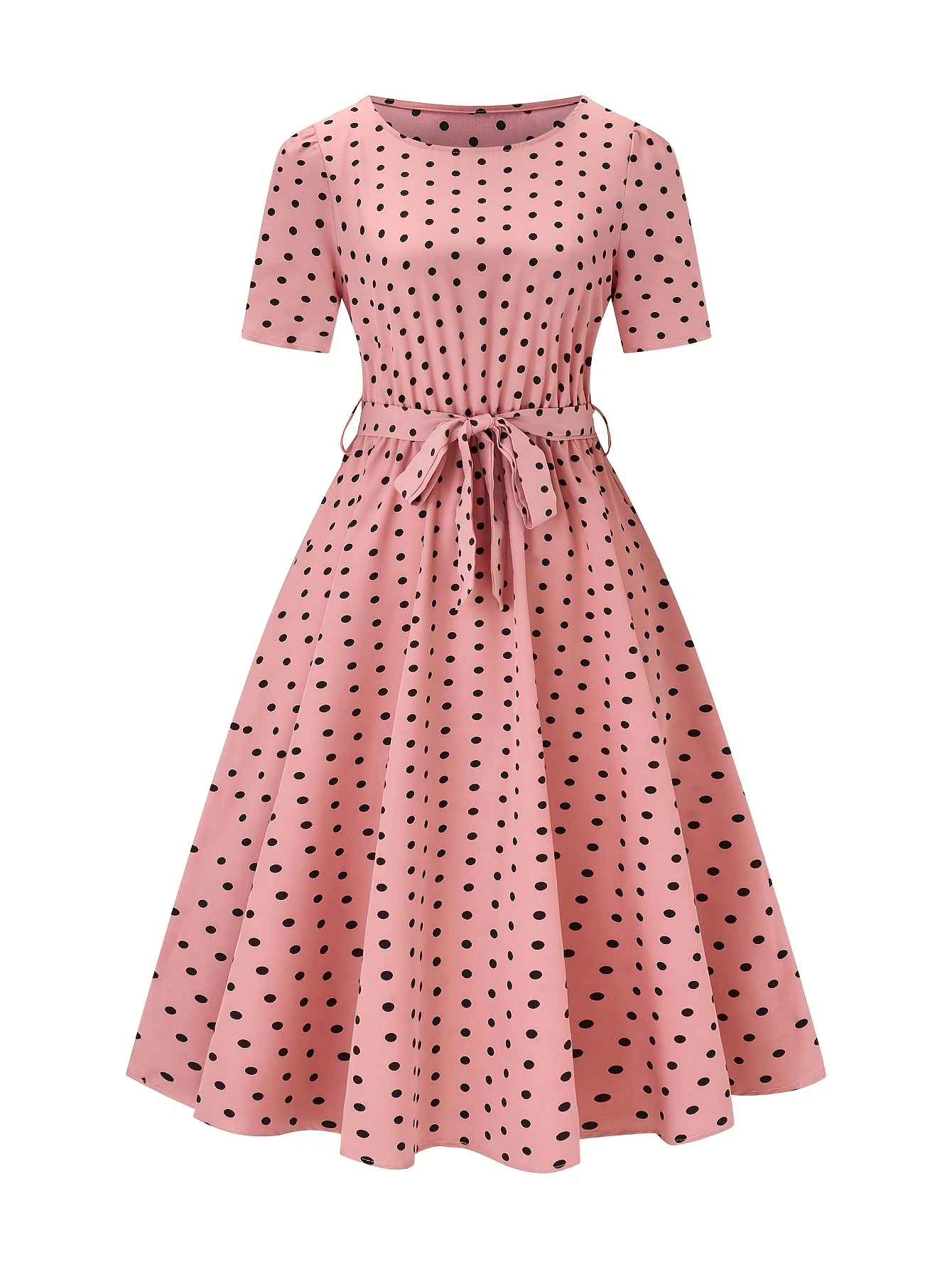 womens vintage polka dot bow detail dress short sleeve round