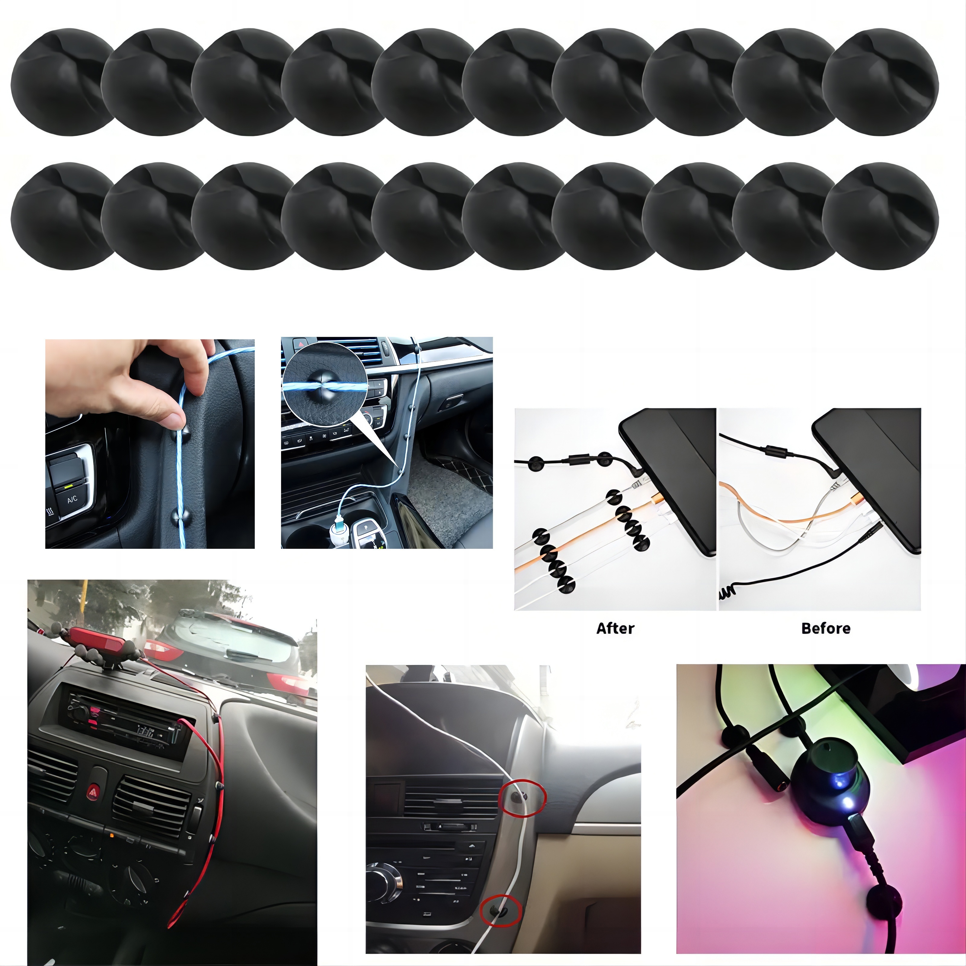 Car Cable ManaSynthetic Gemstoneent Holder 5/10/20pcs - Secure Adhesive Vehicle Cable Clips for Desk Accessories Data Cable Storage Rack, Office Desk, Dashboard & Interior Organization - Heat Resistant Automotive Wire Organizers with No Residue Strips