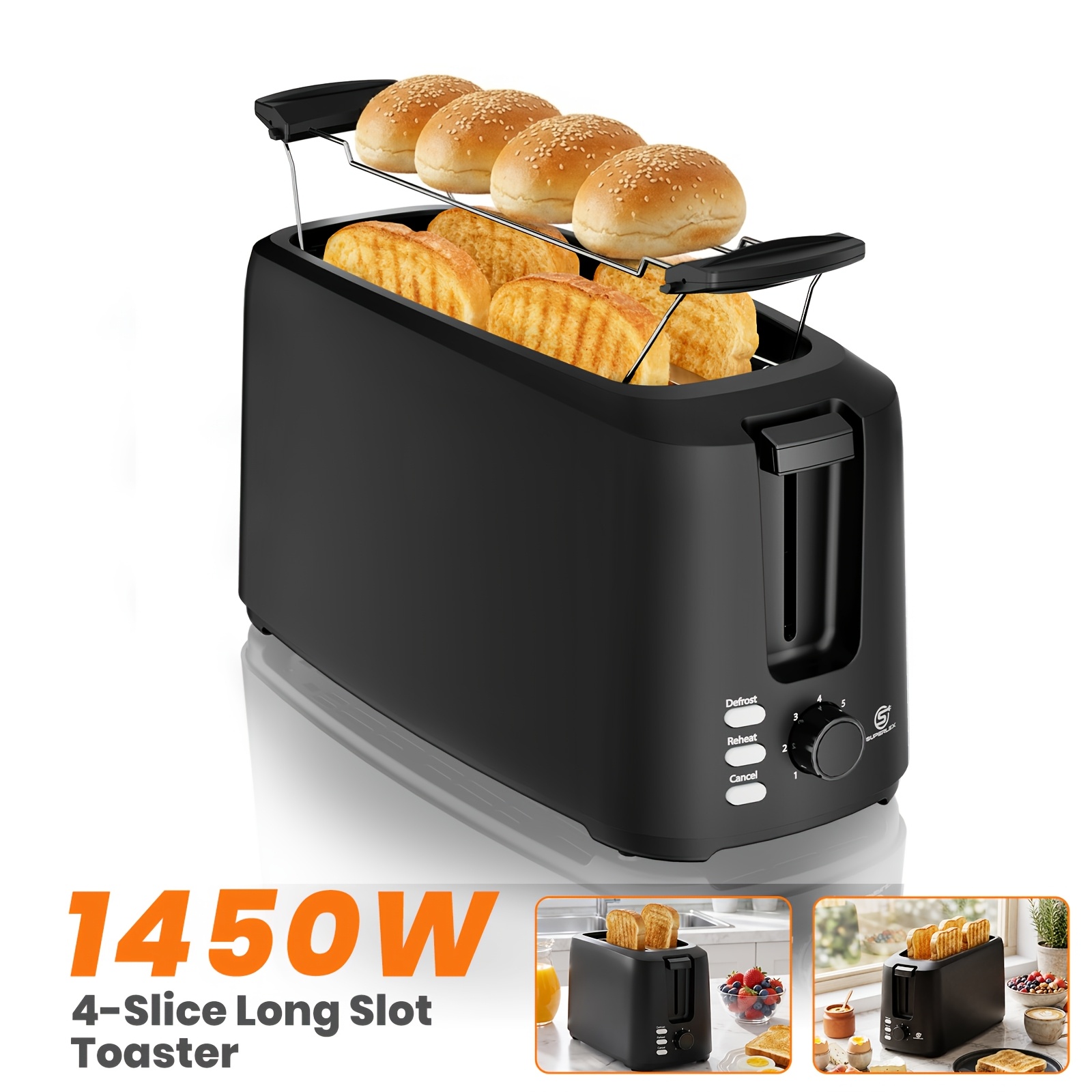 TEMU Superlex 4- Long Slot Toaster With Removable Crumb Tray, 1450w 7 Browning Settings Electric For Bread Toaster, Cancel, , For Bread Types With