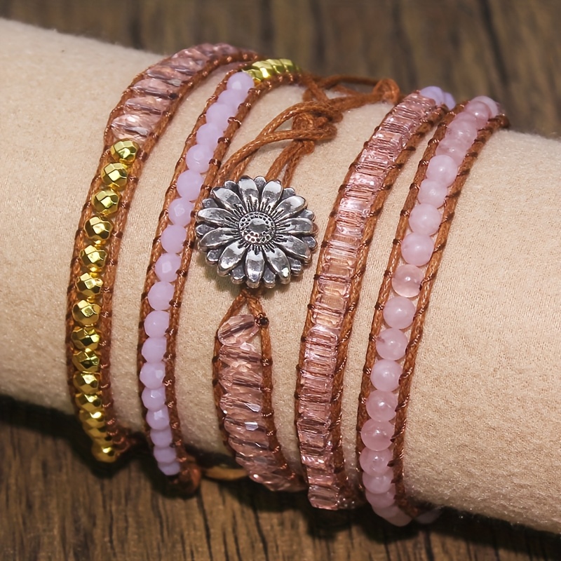 bohemian   rose quartz multi layer beaded bracelet stone material vacation gift occasion   wear casual jewelry multilayer design braided cord bohemian jewelry details 3