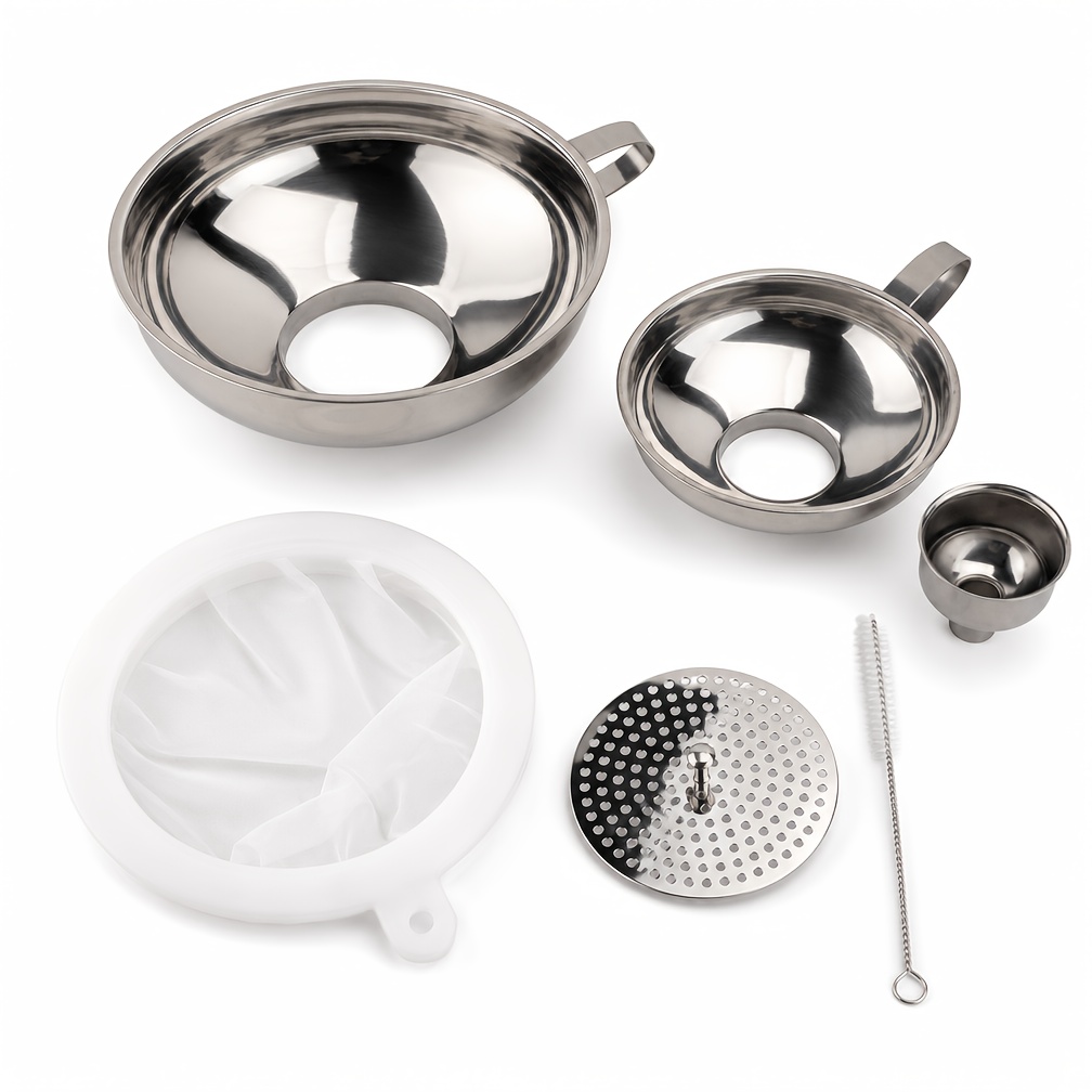 TEMU 6pcs Set Of Kitchen Stainless Steel Food Jar Funnels, Regular Mason Jar Funnels, Large Jar Filling Kit (2pcs Funnels, Filter, Mesh, Dispensing