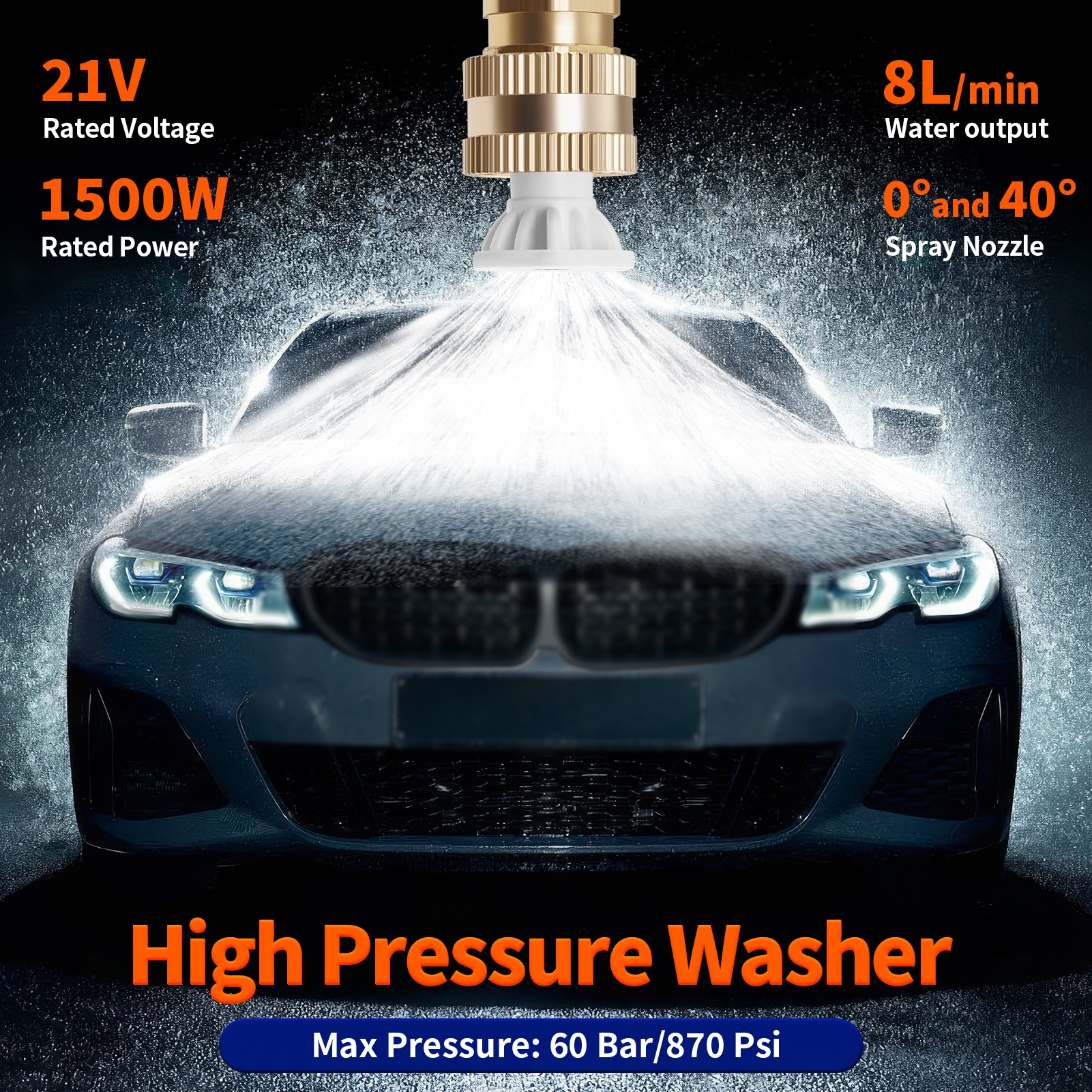 60 Bar Cordless Pressure Washer with 2 Nozzles & 5 Spray Modes
