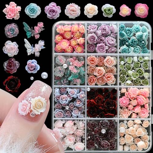 12 grids 3d resin floral assorted nail art rhinestones charms elegant colorful flowers synthetic gemstonestone nail art decoration kit for diy nail designs pedicures crafts accessories nail art supplies