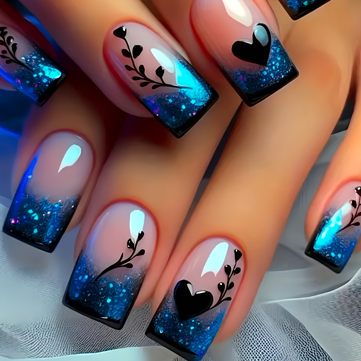 24pcs Short Square Glossy Press-on Nails - Blue To Black Gradient With Floral & Heart Designs, Reusable False Nails For Casual Attire, Parties, Travel - Includes Jelly Glue & Nail File