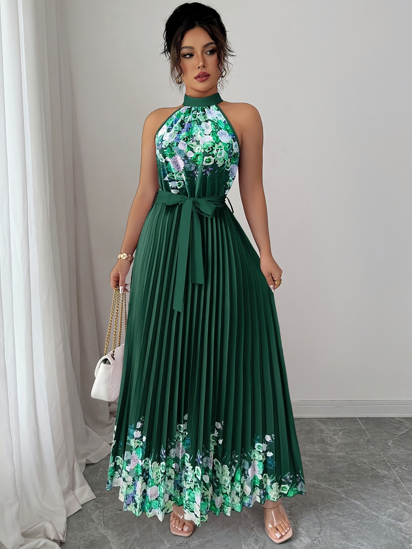 Fashionable New Women'S Summer Halter Floral Print Pleated Dress