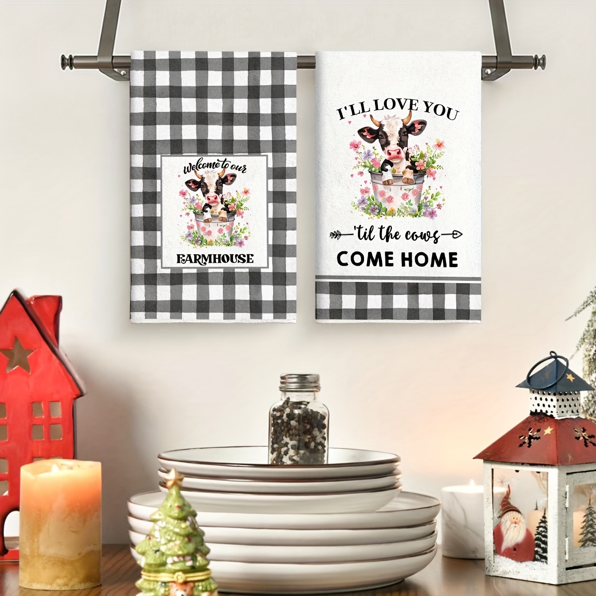 TEMU 2pcs Rustic Farmhouse Kitchen Towels - " Love You Till The Cows " & " Our " Designs, Absorbent Polyester Hand Towels With Cow And Wildflowers,