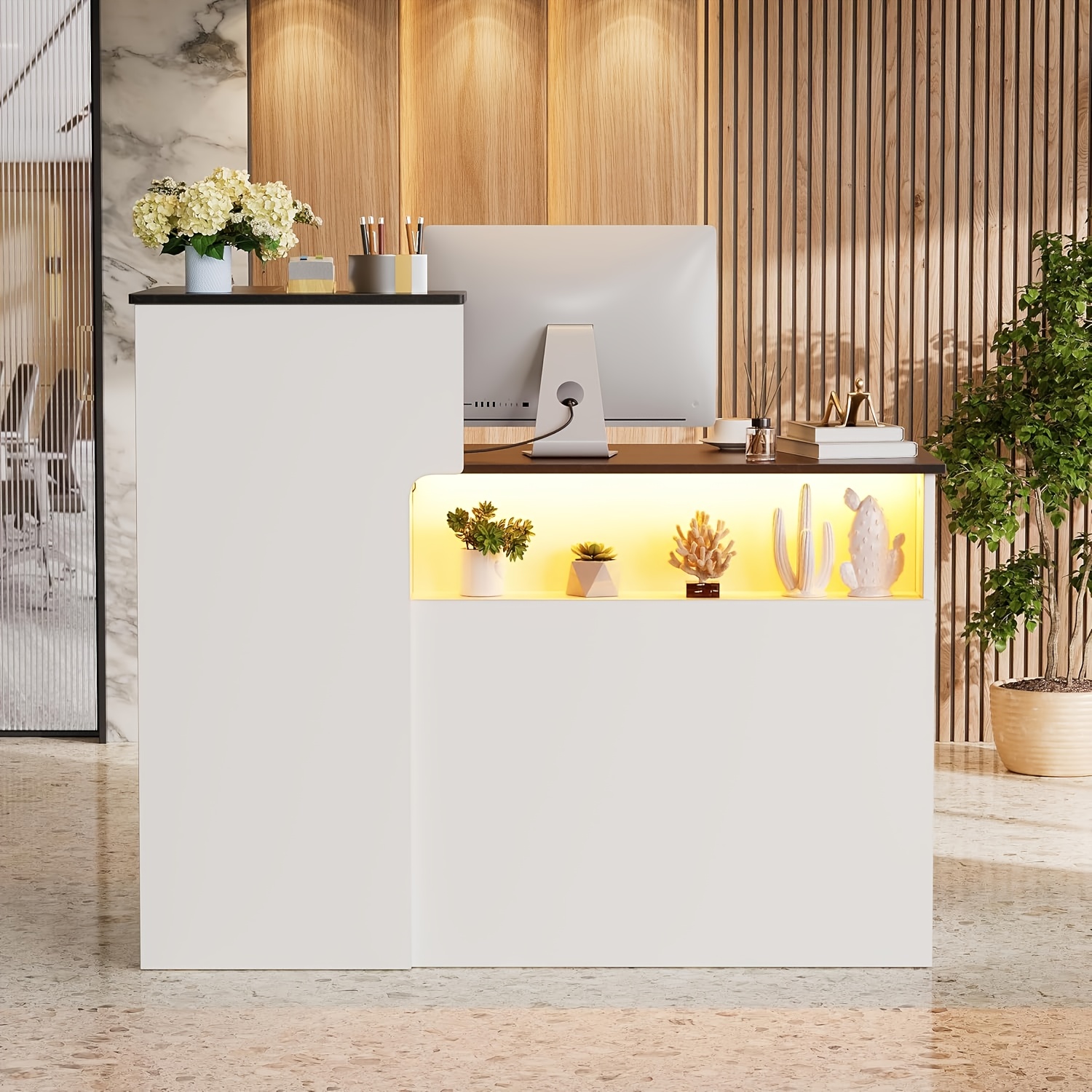 Image of White Modern Reception Desk, Reception Desk, Shop Counter, Counter With Keyboard Drawer, Reception Furniture, White, 100 Cm X 120 Cm X 50 Cm