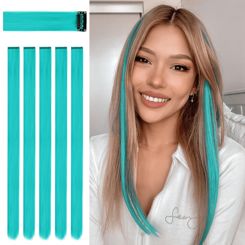 TEMU 5pcs Turquoise Hair Extensions | 24" Clip In Hair Extension | Colourful Straight Long Hair Extensions Clip In Hair Synthetic Straight Hair Piece