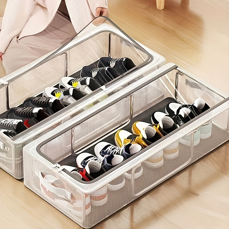 

Foldable Transparent Shoe Storage Box With Heavy-duty Steel Frame, Versatile Under-bed Organizer For Shoes, And Clothes, Fashionable Nylon