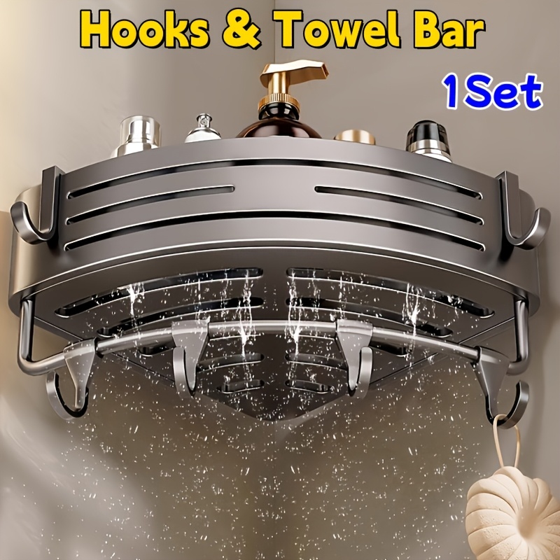 Image of 2-in-1 Suction Cup Corner Shower Caddy, Stainless Steel Triangular Bathroom Storage Shelf With Hooks & Towel Bar, No Drill Wall Mount Shower Organizer Basket For Bathroom Kitchen, Shelves
