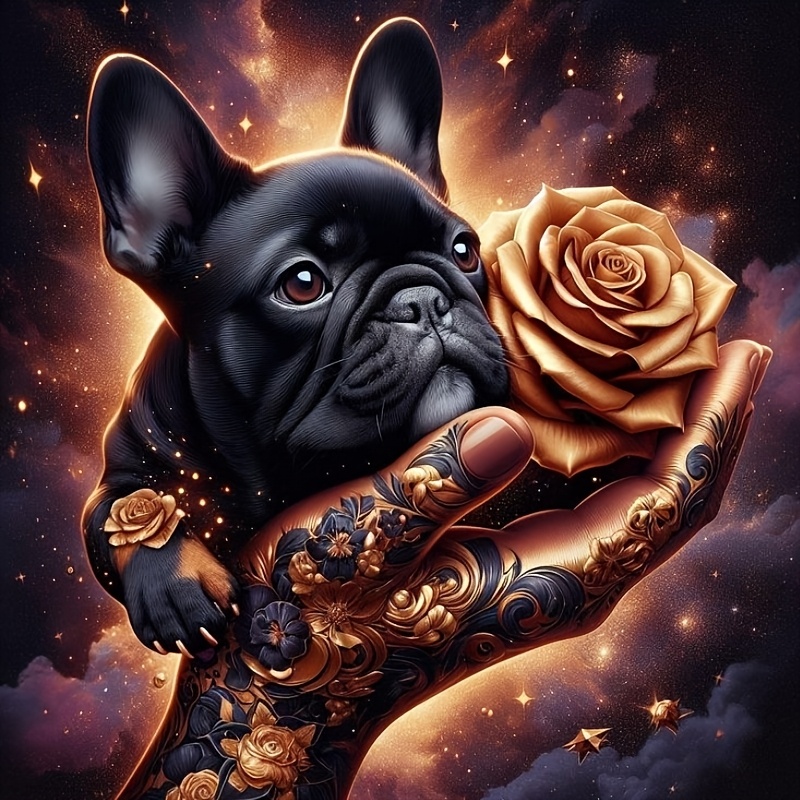 

5d Golden Rose And Dog Diamond Painting Kit, Animal Theme Diy Art Craft, Round Acrylic Diamonds, Home Decor Wall Art, With Tabletop Display For Unique Gift Idea