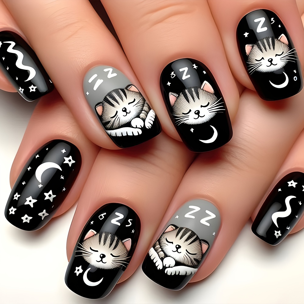 

24pcs Nails - Black & White Cat & Moon Design, , Medium Length Square Press-on Artificial Nails For Women