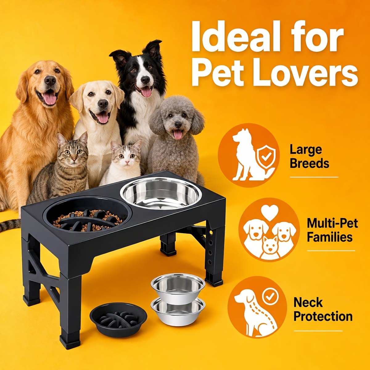 TEMU Elevated Dog Bowls - 5 Adjustable Stand, 2 Stainless Steel Bowls & 1 Slow Feeder, 3.2' To 12.2' For Small To Large Dogs