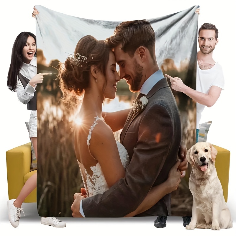 

Customizable Wedding Photo Throw Blanket - Contemporary Style, Geometric Pattern, All-season Flannel Knit, Digital Print, 100% Polyester, Special Occasion Gift