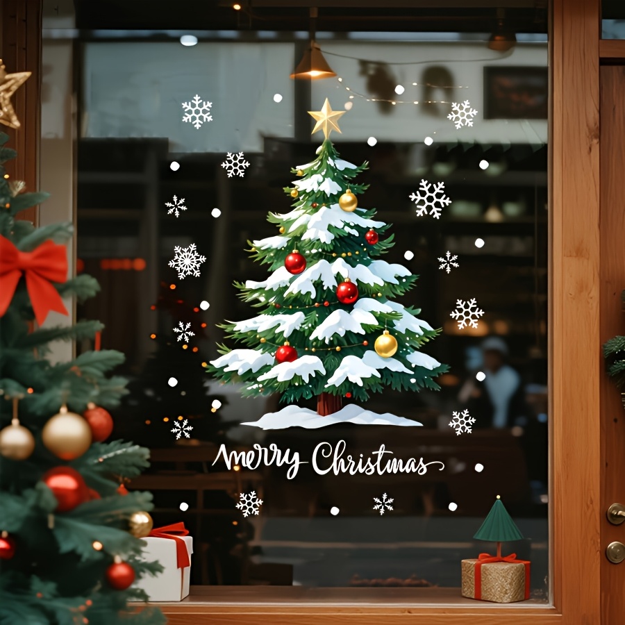 1pc - 1pc Christmas Window Sticker Featuring Christmas Tree Snowflakes For Storefront Decoration, Static Pattern Application For Festive Atmosphere Creation, And Christmas Decorations.