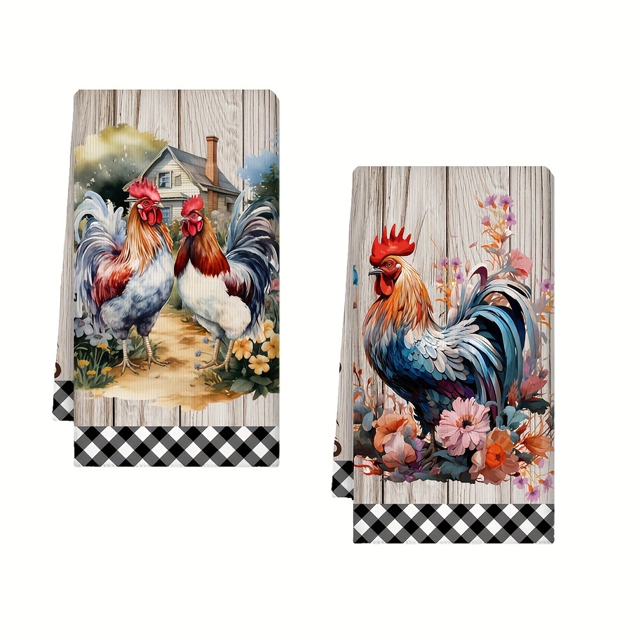 

2-piece Farmhouse Rooster Kitchen Towel Set - Ultra Absorbent Microfiber, Quick Dry Dish Cloths With Black & White Buffalo Plaid, Perfect For Cooking, Baking & Housewarming Gifts