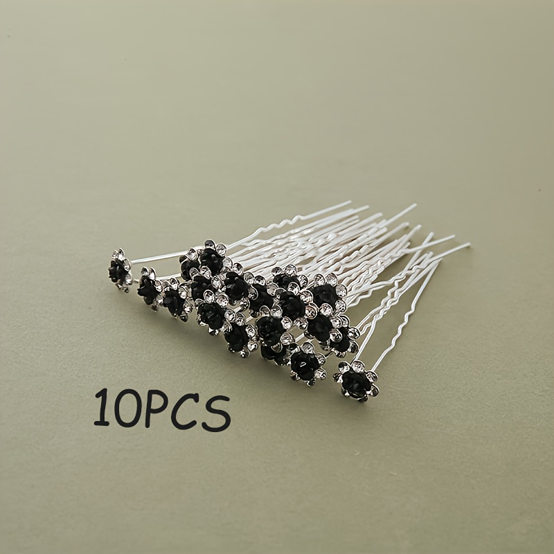 TEMU 10pcs, Women's U-shaped Black Rose Hair Additions, Multi-functional Adjustable Alloy Bridal Hair Additions, Rhinestone Rose Bridal Hair Clips,