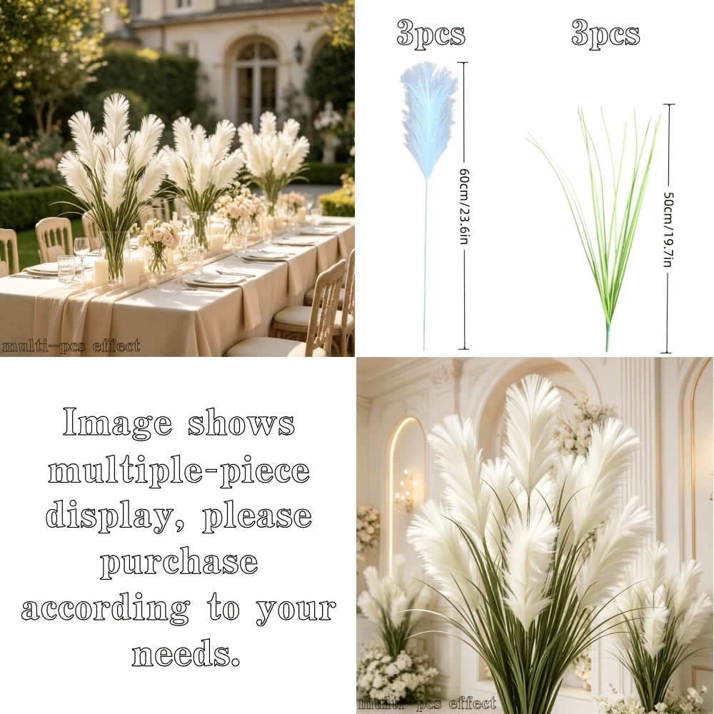 TEMU 6pcs (3pcs Reed Flowers And 3pcs Onion Grass) Artificial Large Reed Grass Flowers With 60cm/23.6in Realistic Artificial White Themed Reed