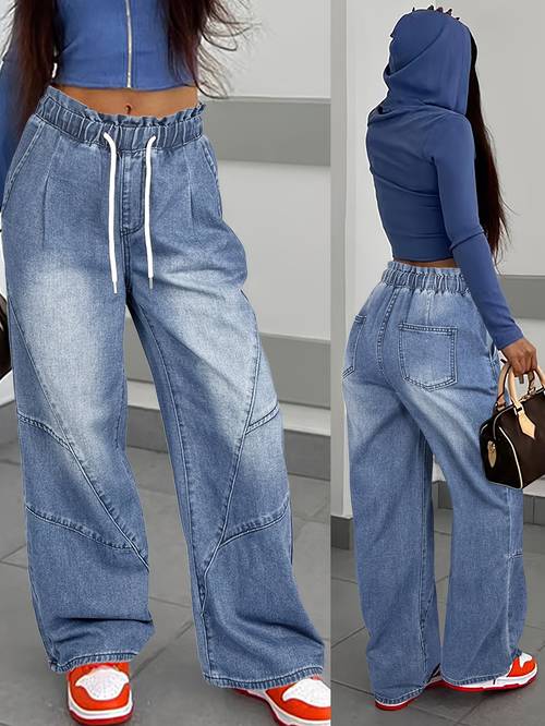 womens high waist wide leg denim jeans street 2 non stretch cotton blend long length with drawstring waist and slant pockets ombre
