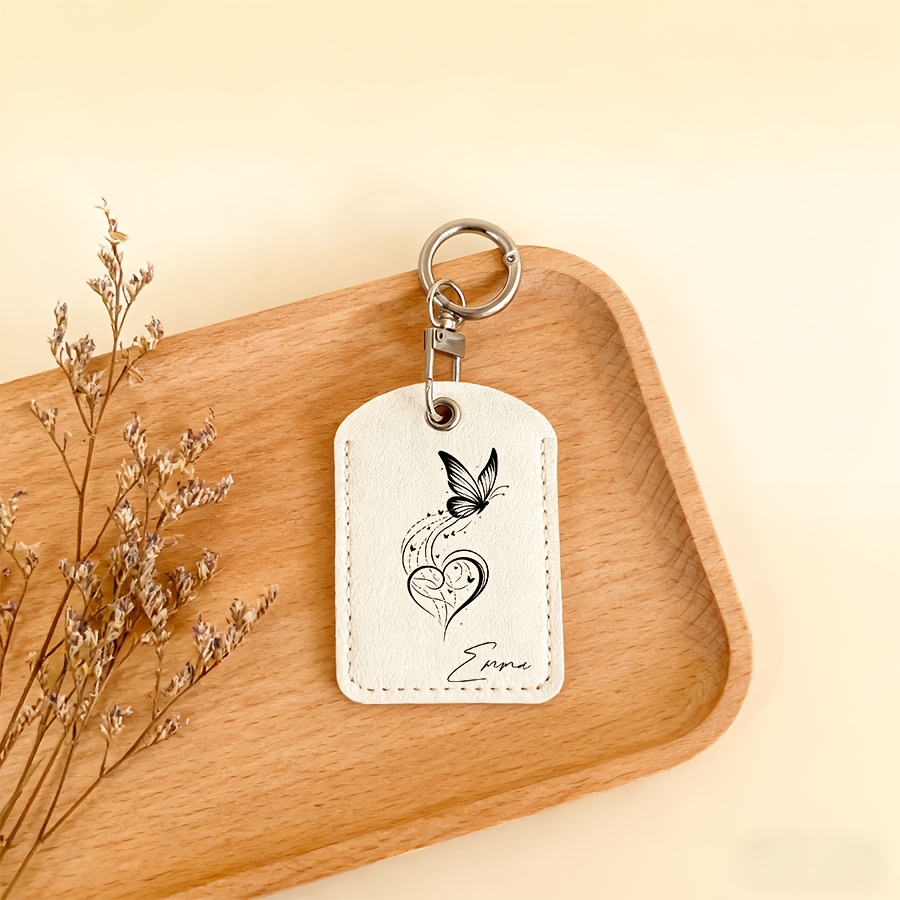Custom Name Text Butterfly Keychain, Personalized Faux Leather Key Card Holder