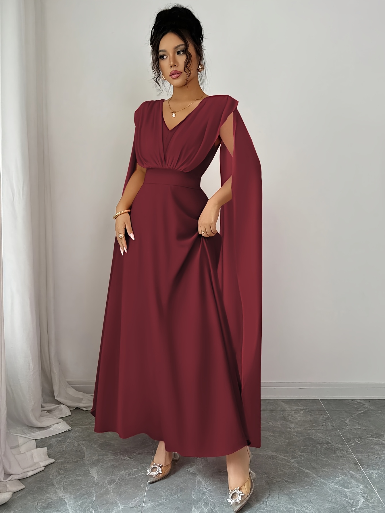 womens long dress v neck design chiffon decorative ribbon
