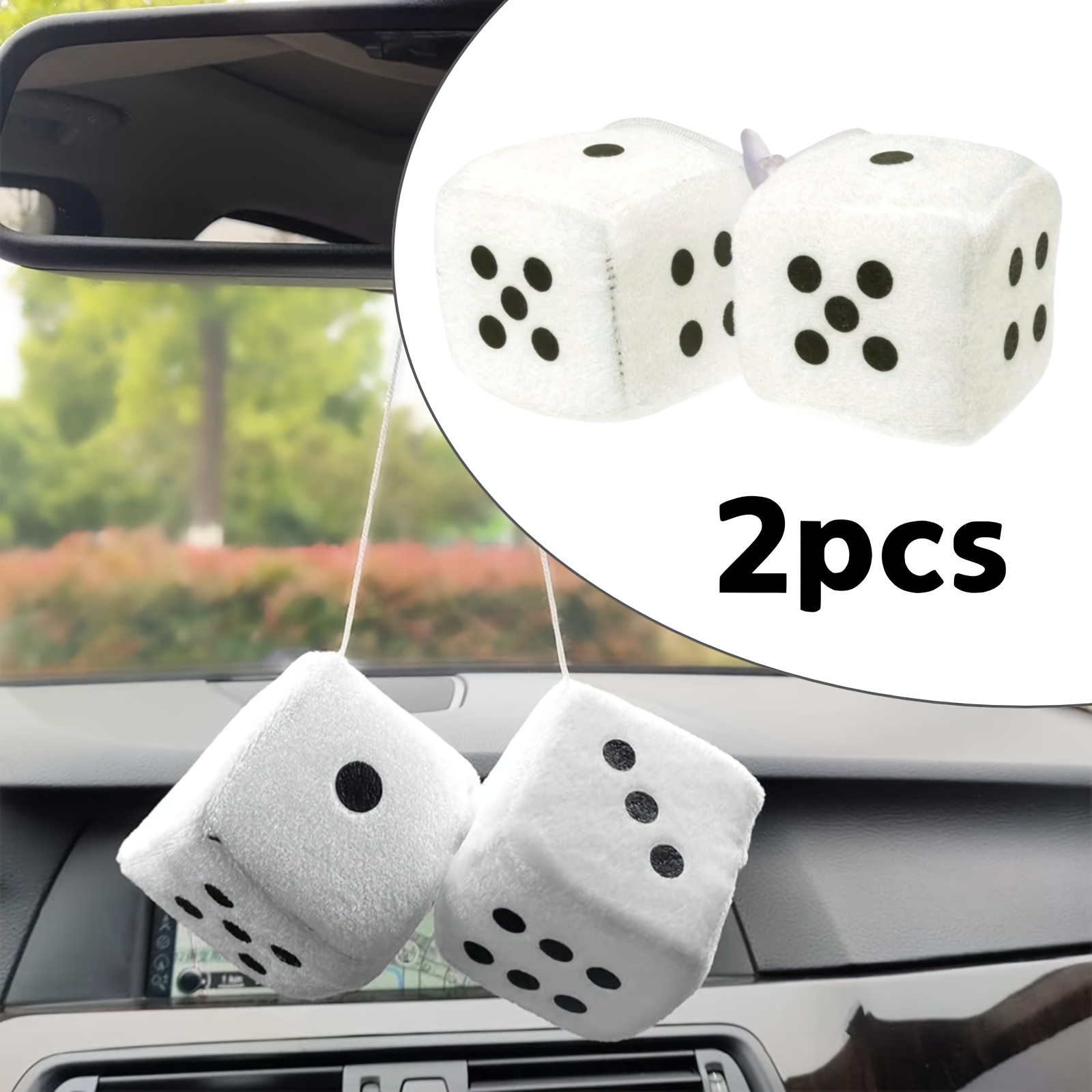 TEMU 2pcs Soft Fuzzy Dice Car Mirror Hangers, White Fuzzy Plush Dice, Auto Soft Fuzzy Dice Dots, Rear View Mirror Hanger Decoration, Car Interior