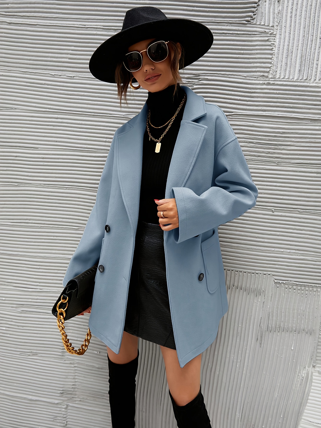 womens elegant winter coat double breasted   silhouette with notch lapel collar   loose fit long sleeve outerwear in navy non stretch fabric for fall winter formal everyday outfits winter coats seasonal fashion Product details 12