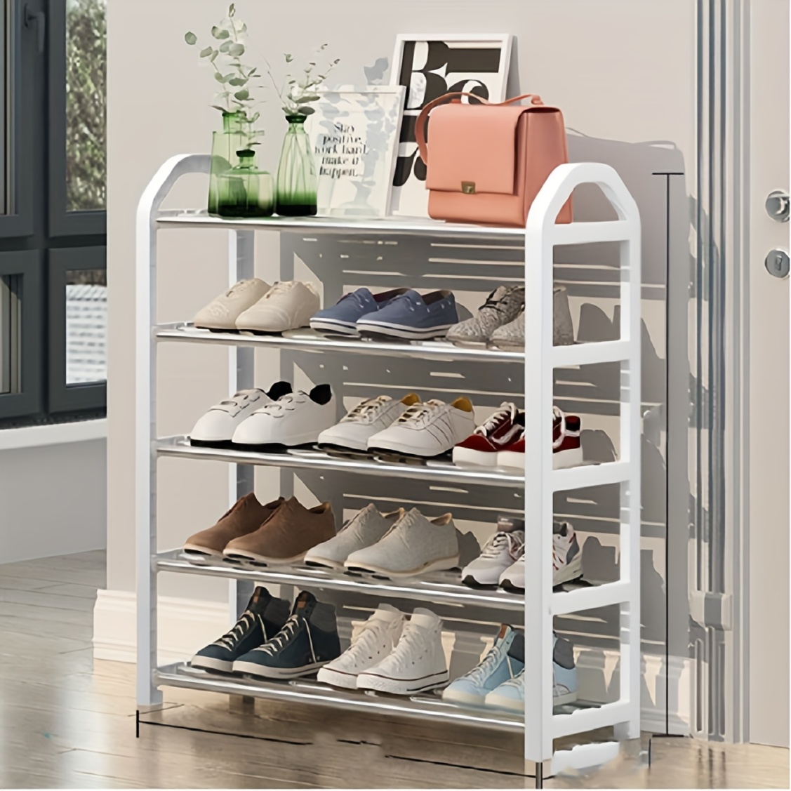 TEMU 5-tier Heavy-duty Modern White Metal Shoe Rack & Bench - Multifunctional Space-saving Shoe Cabinet With Stairs/shelf Suitable For Bedroom,