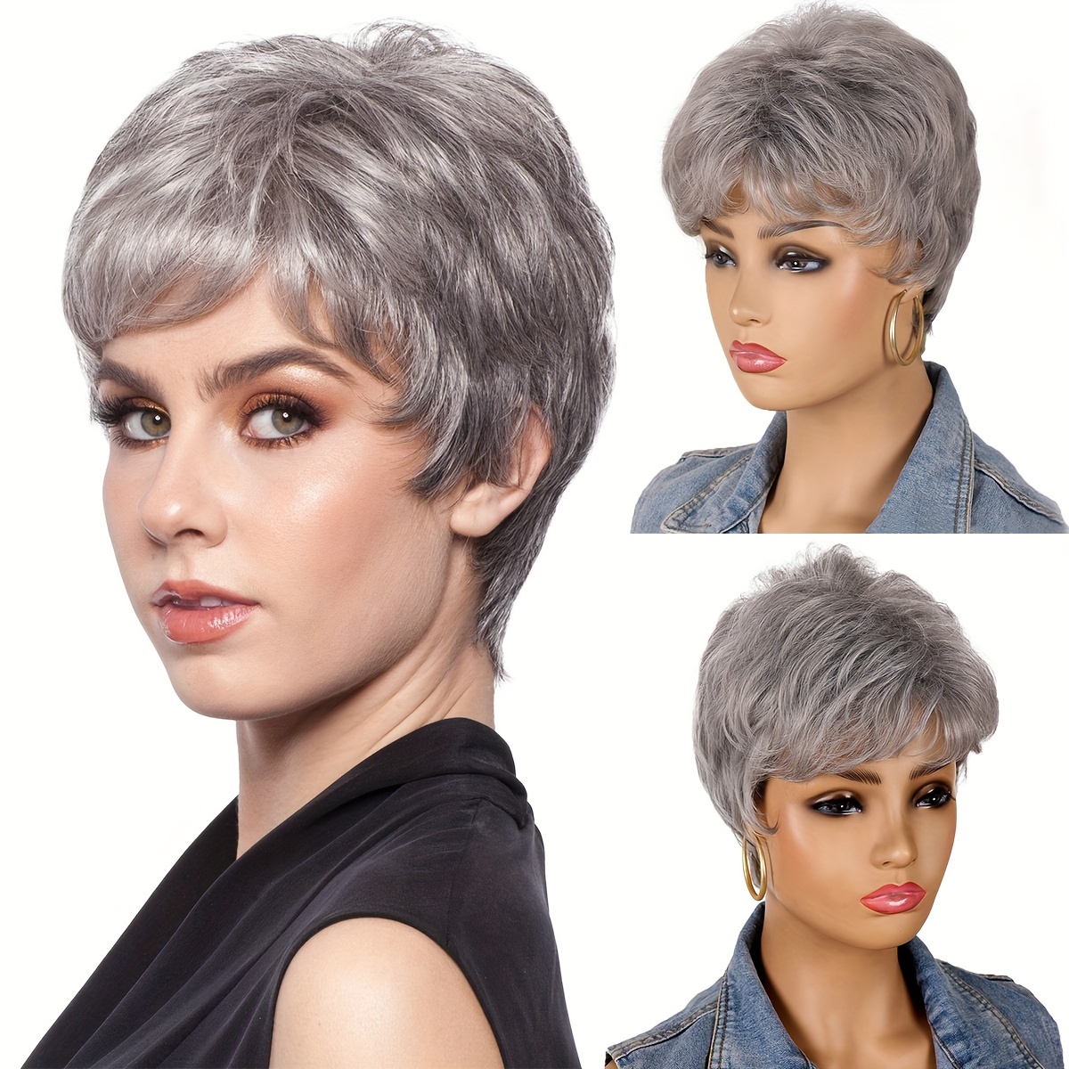 

Women's Short Grey Cut Wig - Straight Synthetic Gray Hair, Elegant Cap For , Parties, And Halloween Costumes