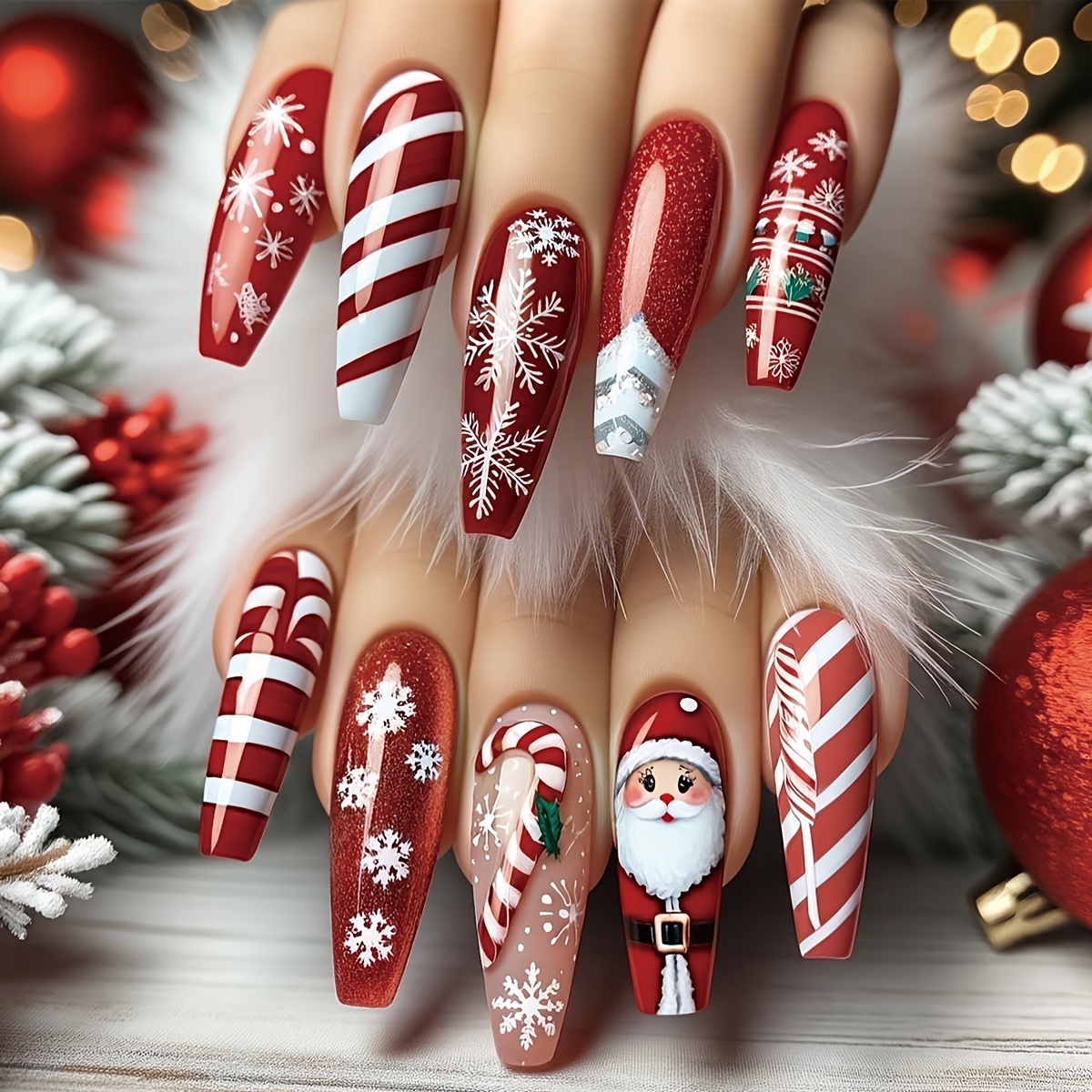 TEMU Add A Touch Of With, 24pcs Christmas Holiday Long Ballet Full Cover Press-on Nail Set, Santa Claus, Snowflakes, Fireworks, Candy Cane Decoration, Women