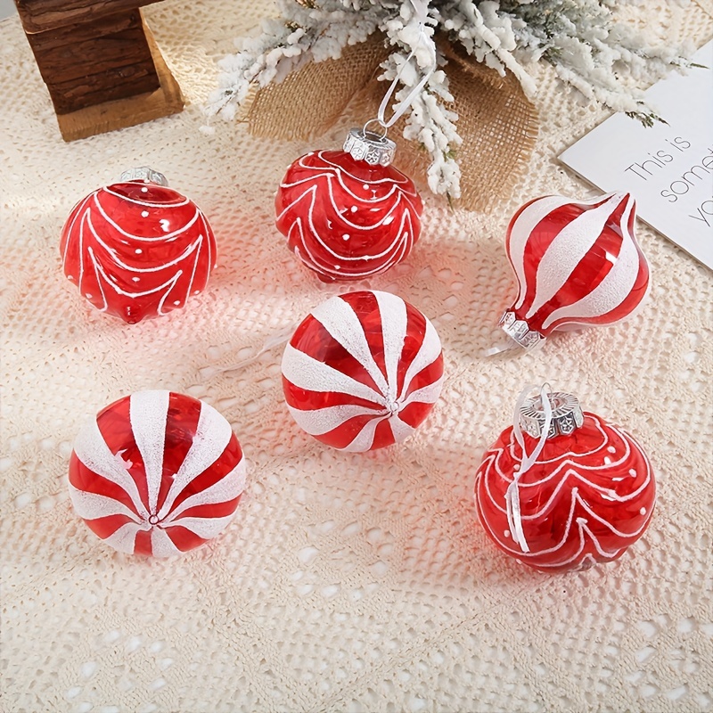 

6 Classic Red And White Striped Christmas Ornament Balls - Perfect For Your Festive Tree - Plastic, Round, Hanging, No Feathers - Suitable For Christmas Decorating