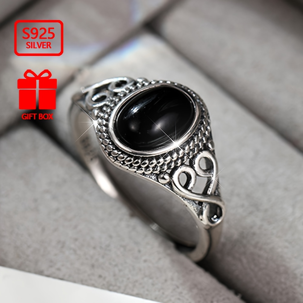 

A Vintage Luxurious Style Black Agate Ring - 1pc Of S925 Sterling Silver Open Adjustable Ring, Suitable For Men And Women, Non-plated, Suitable For Banquets And .