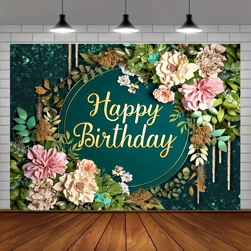 

1pc, Happy Birthday Polyester Photography Backdrop, Flower Green Grass Background - Party Decorations Banner For Women And Men, Photo Booth Supplies