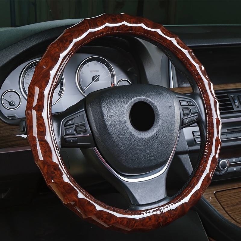 High-end Embossed Wood Grain Faux Leather Car Steering Wheel Cover Suitable For -15 Inch Vehicles