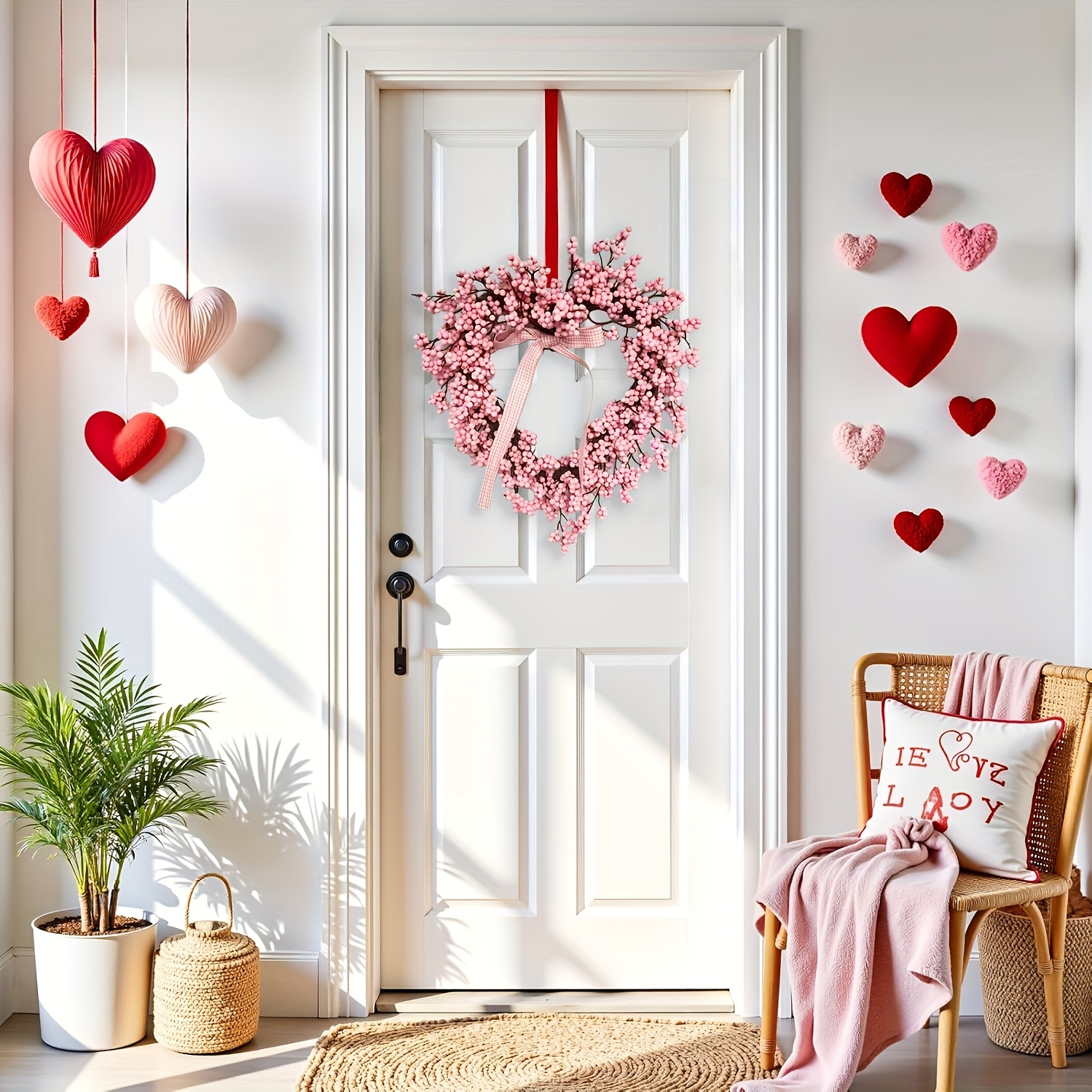 Image of 1pc, 15.75-inch Pink Wreath, Artificial Berry Wreath, 's Day Wreath, For Holiday Decor, Wedding And Home Party Decor, Festive Wall Hanging, Rustic Cottage Decor