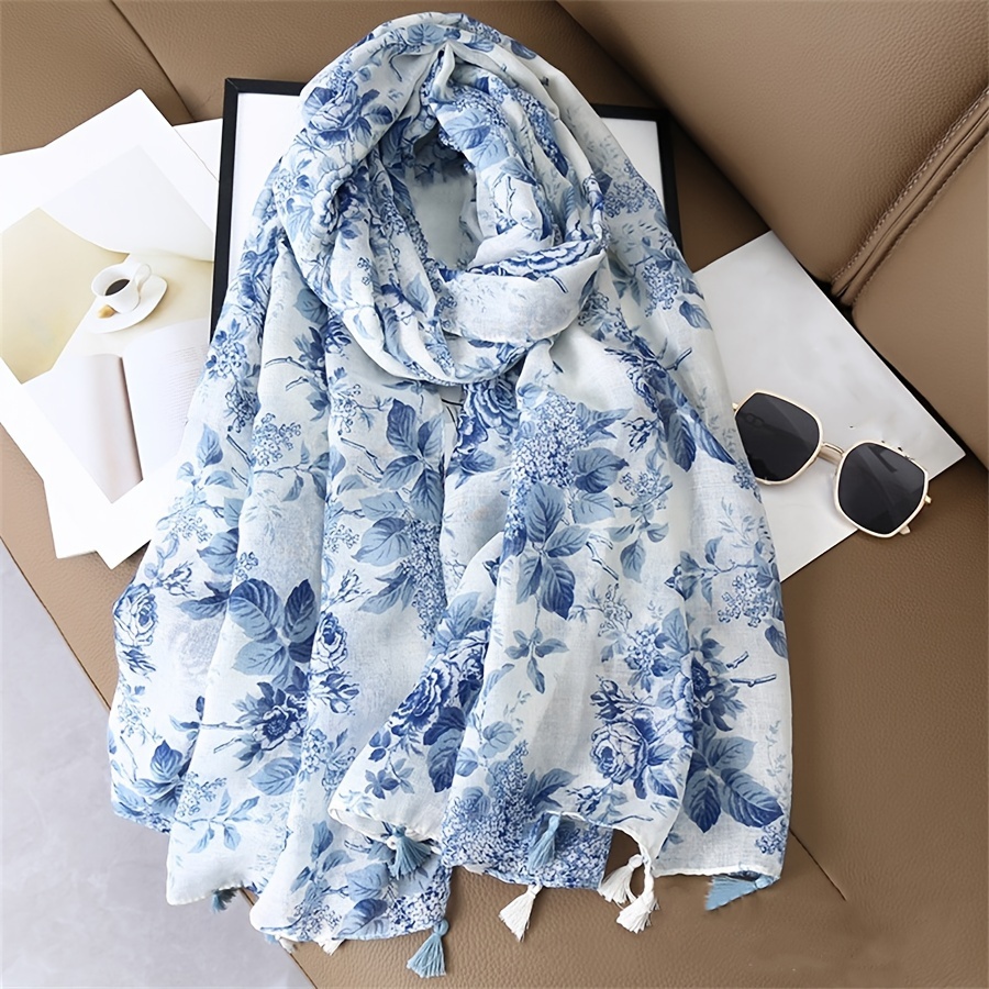 

1pc Women's Floral Print Scarf With Tassels - Casual Polyester Lightweight Shawl For Spring/summer, Breathable Fashion Accessory For , Decoration, And Sun Protection, Ideal For Travel And Beach