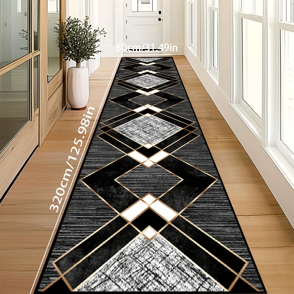 Image of 1pc Luxury Geometric Machine Washable Area Mat, Black & Design Long Carpet For Bedroom, Living Room, Study, Kitchen, Rugs For Living Room