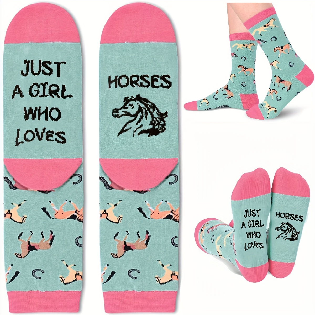 

1 Pair Unisex Crew Socks, " Who Horses" Lettering, Horse Pattern, Knit Polyester Fabric, 95% Polyester 5% Spandex, Hand Wash Only, Animal Theme Mid-calf Socks