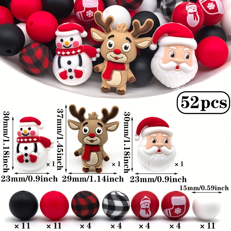 Image of 32/52pcs Silicone Beads, 3d Three-dimensional Christmas Snowman, With Red Round Loose Spacer Beads, Suitable For Handmade Making, Daily Decoration Parties, And Women's Gifts