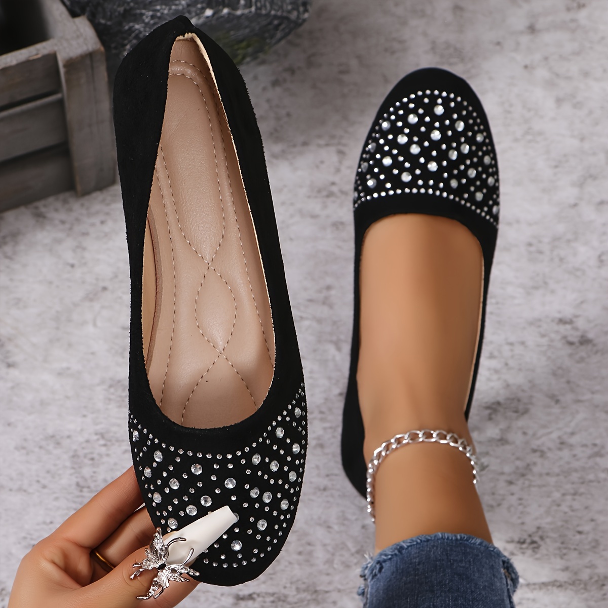 

Women's Rhinestone Decor Flats, Shallow Mouth Slip On Lightweight Flat Soft Sole Ballets, Glitter Round Toe Daily Footwear