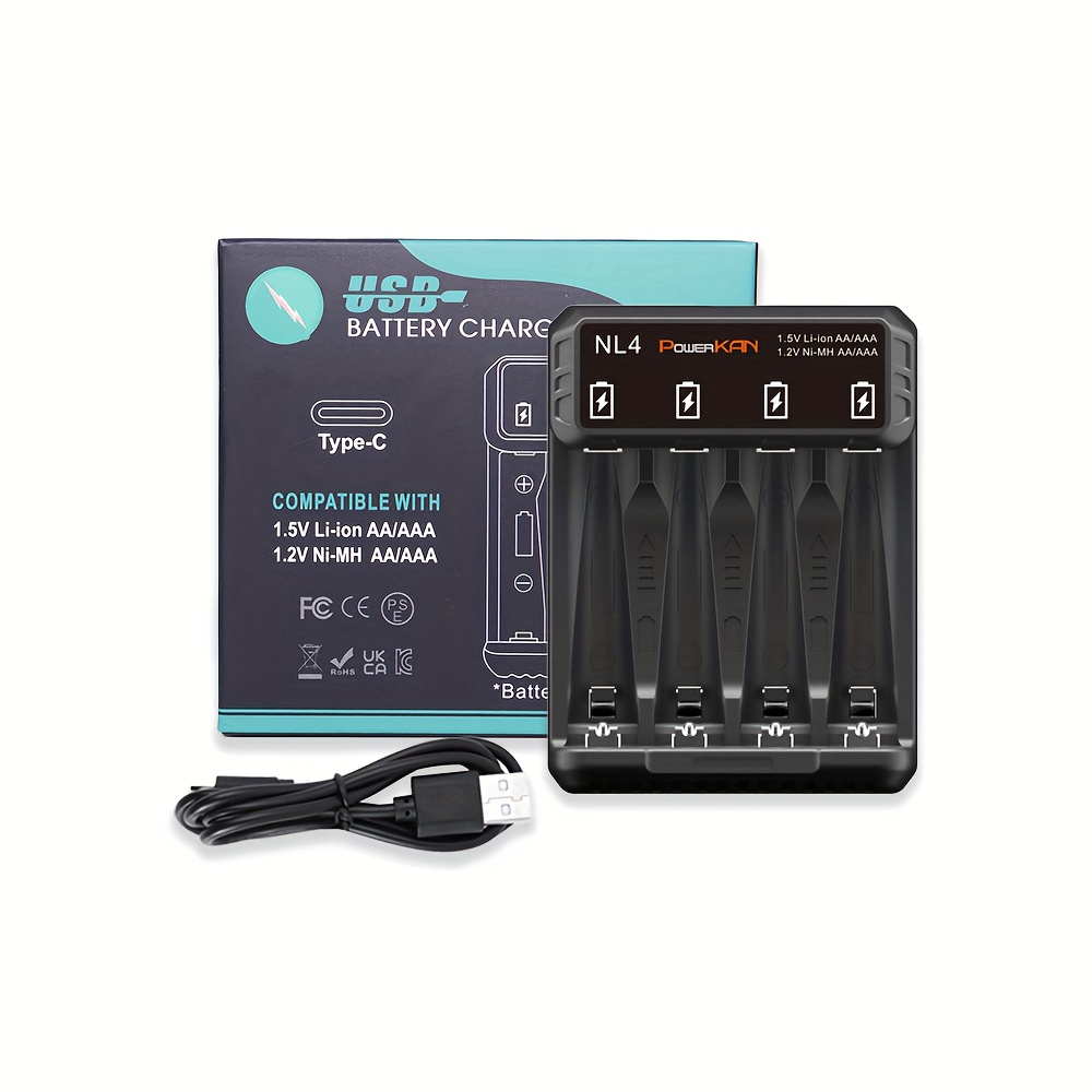 E-shop 1 Stück PowerKAN AA AAA Batterieladegerät USB-Ladegerät, Gesundheits- und Haushalts-Essentials für wiederaufladbare Batterien, Lädt 4 AA oder