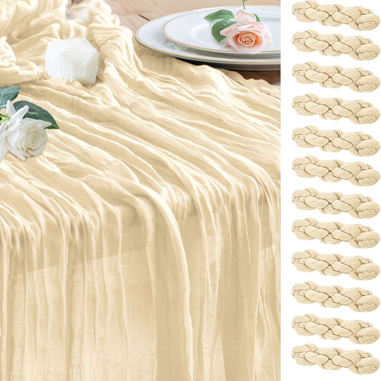 12pcs Wedding Table Runners] 12pcs Handmade Polyester Table Runners, Versatile Cheese Cloth Table Runner Set, For Wedding, Bridal Shower, Birthday, Bachelor Party, And Special Occasions