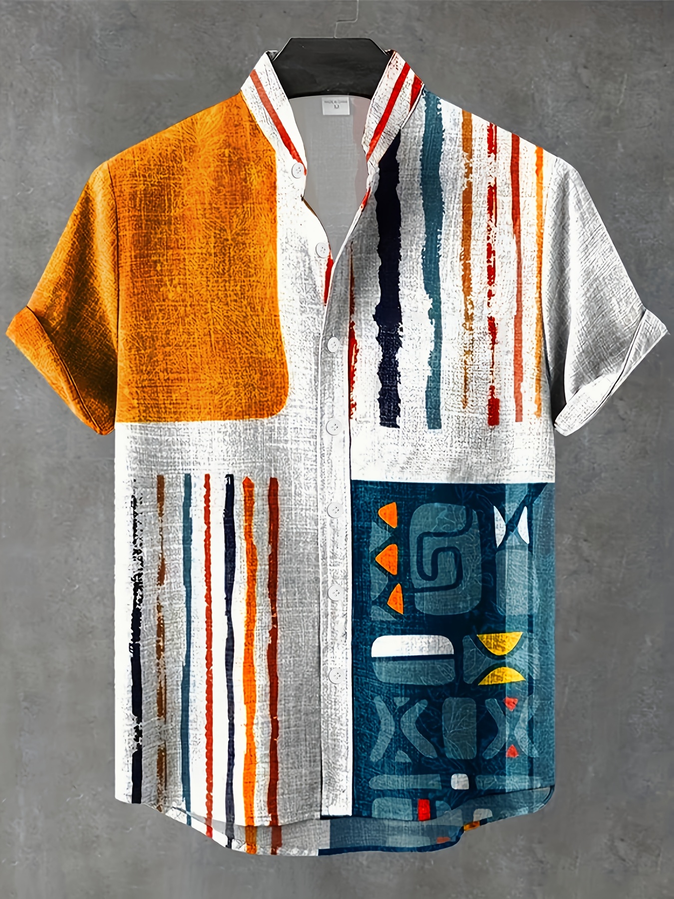 قميص رجالي ريترو - ياقة قائمة مع أزرار أمامية، قماش غير مطاطي - مناسبة للفعاليات الرسمية والكاجوال - ألوان البرتقالي/الأزرق/الأسود/الأبيض/التيل - ملابس صيفية وعملية - سهل الغسل في الآلة، قطعة أساسية متعددة الاستخدامات، تصميم هندسي متميز، نسيج محكم، قميص بأكمام قصيرة
