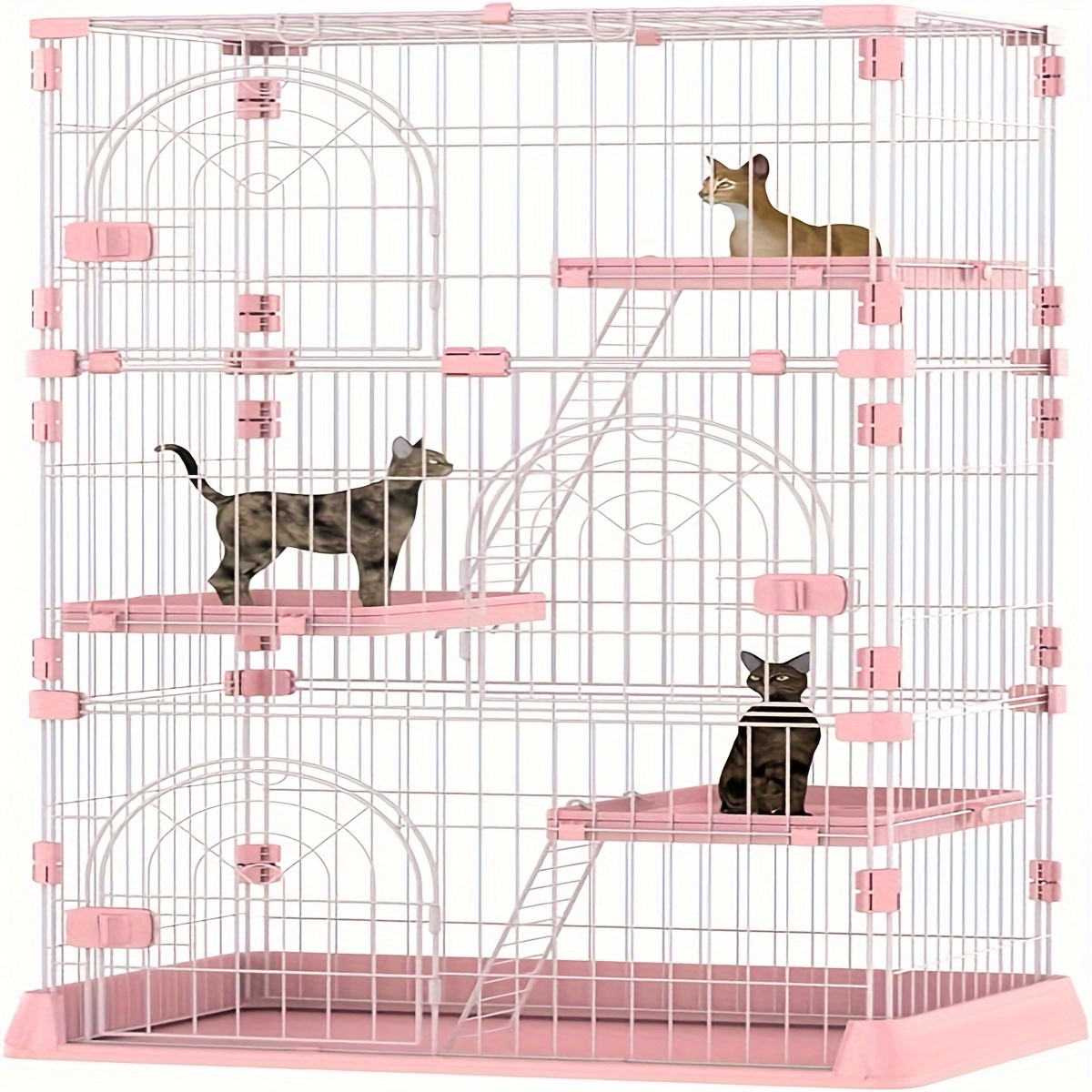 TEMU 4-tier Wire Cat Cage Playpen Kennel, Cat Catios Large Space 29.9 X 19.8 X 52.4 Inches For 1-, Pink Cat Crate With 3 Platforms 3 Front Doors 2 Ramp Ladders